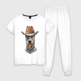Женская пижама хлопок с принтом Доберман в Петрозаводске, 100% хлопок | брюки и футболка прямого кроя, без карманов, на брюках мягкая резинка на поясе и по низу штанин | dobermann | dog | доберман | собака | собаки