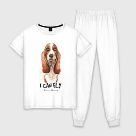 Женская пижама хлопок с принтом Бассет-хаунд в Петрозаводске, 100% хлопок | брюки и футболка прямого кроя, без карманов, на брюках мягкая резинка на поясе и по низу штанин | Тематика изображения на принте: dog | бассет | бассет хаунд | собака | собаки | хаунд