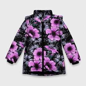 Зимняя куртка для девочек 3D с принтом Purple wild flowers в Петрозаводске, ткань верха — 100% полиэстер; подклад — 100% полиэстер, утеплитель — 100% полиэстер. | длина ниже бедра, удлиненная спинка, воротник стойка и отстегивающийся капюшон. Есть боковые карманы с листочкой на кнопках, утяжки по низу изделия и внутренний карман на молнии. 

Предусмотрены светоотражающий принт на спинке, радужный светоотражающий элемент на пуллере молнии и на резинке для утяжки. | Тематика изображения на принте: art | flowers | leaves | арт | букет | лепестки | листья | художество | цветок | цветы
