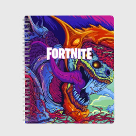 Тетрадь с принтом FORTNITE HYPERBEAST в Петрозаводске, 100% бумага | 48 листов, плотность листов — 60 г/м2, плотность картонной обложки — 250 г/м2. Листы скреплены сбоку удобной пружинной спиралью. Уголки страниц и обложки скругленные. Цвет линий — светло-серый
 | 2019 | armor | armour | cybersport | esport | fortnite | game | hyperbeast | logo | monster | season 9 | skin | броня | игра | киберспорт | сезон 9 | фиолетовый | фортнайт