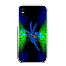 Чехол для iPhone XS Max матовый с принтом Паук на ночной охоте в Петрозаводске, Силикон | Область печати: задняя сторона чехла, без боковых панелей | зеленая броня | зеленый неон | классный дизайн | ночь | паук | паук дизайн | паук на охоте | паук охотник | пчелиные | соты | темная футболка | футболка с пауком | черные соты