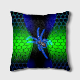 Подушка 3D с принтом Паук на ночной охоте в Петрозаводске, наволочка – 100% полиэстер, наполнитель – холлофайбер (легкий наполнитель, не вызывает аллергию). | состоит из подушки и наволочки. Наволочка на молнии, легко снимается для стирки | зеленая броня | зеленый неон | классный дизайн | ночь | паук | паук дизайн | паук на охоте | паук охотник | пчелиные | соты | темная футболка | футболка с пауком | черные соты