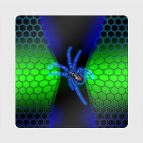 Магнит виниловый Квадрат с принтом Паук на ночной охоте в Петрозаводске, полимерный материал с магнитным слоем | размер 9*9 см, закругленные углы | зеленая броня | зеленый неон | классный дизайн | ночь | паук | паук дизайн | паук на охоте | паук охотник | пчелиные | соты | темная футболка | футболка с пауком | черные соты