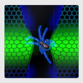Магнитный плакат 3Х3 с принтом Паук на ночной охоте в Петрозаводске, Полимерный материал с магнитным слоем | 9 деталей размером 9*9 см | зеленая броня | зеленый неон | классный дизайн | ночь | паук | паук дизайн | паук на охоте | паук охотник | пчелиные | соты | темная футболка | футболка с пауком | черные соты