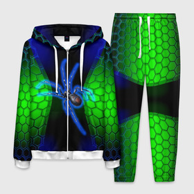 Мужской костюм 3D с принтом Паук на ночной охоте в Петрозаводске, 100% полиэстер | Манжеты и пояс оформлены тканевой резинкой, двухслойный капюшон со шнурком для регулировки, карманы спереди | зеленая броня | зеленый неон | классный дизайн | ночь | паук | паук дизайн | паук на охоте | паук охотник | пчелиные | соты | темная футболка | футболка с пауком | черные соты