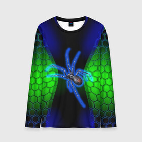 Мужской лонгслив 3D с принтом Паук на ночной охоте в Петрозаводске, 100% полиэстер | длинные рукава, круглый вырез горловины, полуприлегающий силуэт | Тематика изображения на принте: зеленая броня | зеленый неон | классный дизайн | ночь | паук | паук дизайн | паук на охоте | паук охотник | пчелиные | соты | темная футболка | футболка с пауком | черные соты