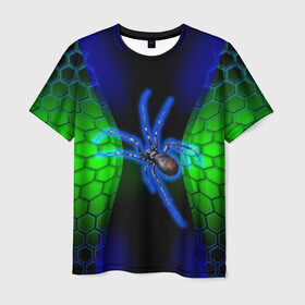 Мужская футболка 3D с принтом Паук на ночной охоте в Петрозаводске, 100% полиэфир | прямой крой, круглый вырез горловины, длина до линии бедер | Тематика изображения на принте: зеленая броня | зеленый неон | классный дизайн | ночь | паук | паук дизайн | паук на охоте | паук охотник | пчелиные | соты | темная футболка | футболка с пауком | черные соты