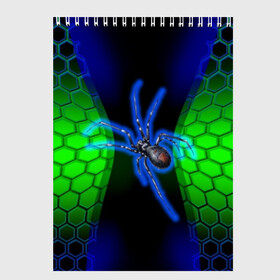Скетчбук с принтом Паук на ночной охоте в Петрозаводске, 100% бумага
 | 48 листов, плотность листов — 100 г/м2, плотность картонной обложки — 250 г/м2. Листы скреплены сверху удобной пружинной спиралью | зеленая броня | зеленый неон | классный дизайн | ночь | паук | паук дизайн | паук на охоте | паук охотник | пчелиные | соты | темная футболка | футболка с пауком | черные соты