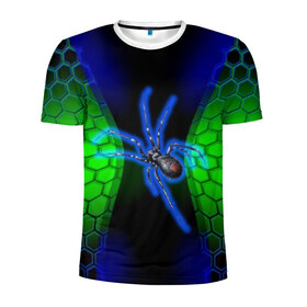 Мужская футболка 3D спортивная с принтом Паук на ночной охоте в Петрозаводске, 100% полиэстер с улучшенными характеристиками | приталенный силуэт, круглая горловина, широкие плечи, сужается к линии бедра | Тематика изображения на принте: зеленая броня | зеленый неон | классный дизайн | ночь | паук | паук дизайн | паук на охоте | паук охотник | пчелиные | соты | темная футболка | футболка с пауком | черные соты
