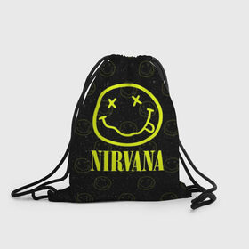Рюкзак-мешок 3D с принтом Nirvana 1 в Петрозаводске, 100% полиэстер | плотность ткани — 200 г/м2, размер — 35 х 45 см; лямки — толстые шнурки, застежка на шнуровке, без карманов и подкладки | cobain | kurt | kurt cobain | nirvana | rock | smile | гитара | кобейн | курт | курт кобейн | нирвана | рок