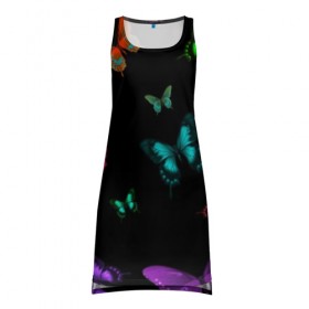 Платье-майка 3D с принтом Ночные Бабочки в Петрозаводске, 100% полиэстер | полуприлегающий силуэт, широкие бретели, круглый вырез горловины, удлиненный подол сзади. | butterfly | бабочка | бабочки | биология | животные | краски | крылья | насекомые | ночь | разноцветные | черный | яркие