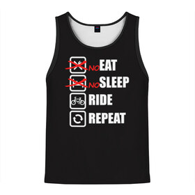Мужская майка 3D с принтом Ride black в Петрозаводске, 100% полиэстер | круглая горловина, приталенный силуэт, длина до линии бедра. Пройма и горловина окантованы тонкой бейкой | Тематика изображения на принте: bicycle | bike | cycle | eat | eat sleep | eat sleep repeat | eat sleep ride | eat sleep ride repeat | ride | sleep | вело | велосипед | есть | катать | повторить | спать