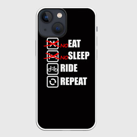 Чехол для iPhone 13 mini с принтом Ride black в Петрозаводске,  |  | bicycle | bike | cycle | eat | eat sleep | eat sleep repeat | eat sleep ride | eat sleep ride repeat | ride | sleep | вело | велосипед | есть | катать | повторить | спать