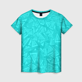 Женская футболка 3D с принтом Абстракция. в Петрозаводске, 100% полиэфир ( синтетическое хлопкоподобное полотно) | прямой крой, круглый вырез горловины, длина до линии бедер | абстракция | бирюза | бирюзовый | красочная | символы | треугольники | фигуры | яркая