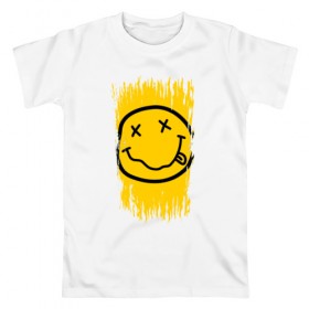 Мужская футболка хлопок с принтом NIRVANA в Петрозаводске, 100% хлопок | прямой крой, круглый вырез горловины, длина до линии бедер, слегка спущенное плечо. | music | nirvana | rip smile | rock | smile | группа | курт кобейн | музыка | нирвана | рок | смайл