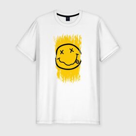 Мужская футболка премиум с принтом NIRVANA в Петрозаводске, 92% хлопок, 8% лайкра | приталенный силуэт, круглый вырез ворота, длина до линии бедра, короткий рукав | music | nirvana | rip smile | rock | smile | группа | курт кобейн | музыка | нирвана | рок | смайл