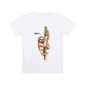 Детская футболка хлопок с принтом Ленивец в Петрозаводске, 100% хлопок | круглый вырез горловины, полуприлегающий силуэт, длина до линии бедер | Тематика изображения на принте: sloth | ленивец | ленивцы