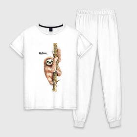 Женская пижама хлопок с принтом Ленивец в Петрозаводске, 100% хлопок | брюки и футболка прямого кроя, без карманов, на брюках мягкая резинка на поясе и по низу штанин | sloth | ленивец | ленивцы