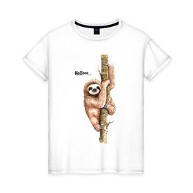 Женская футболка хлопок с принтом Ленивец в Петрозаводске, 100% хлопок | прямой крой, круглый вырез горловины, длина до линии бедер, слегка спущенное плечо | sloth | ленивец | ленивцы