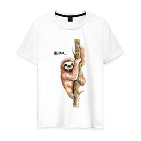 Мужская футболка хлопок с принтом Ленивец в Петрозаводске, 100% хлопок | прямой крой, круглый вырез горловины, длина до линии бедер, слегка спущенное плечо. | sloth | ленивец | ленивцы