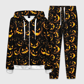 Мужской костюм 3D с принтом Хэллоуин в Петрозаводске, 100% полиэстер | Манжеты и пояс оформлены тканевой резинкой, двухслойный капюшон со шнурком для регулировки, карманы спереди | background | black | color | eyes | fangs | halloween | holiday | horror | orange | pumpkin | sinister | teeth | vegetable | yellow | глаза | желтый | зловещий | зубы | клыки | овощ | оранжевый | праздник | тыквы | ужас | фон | хэллоуин | цвет | черный