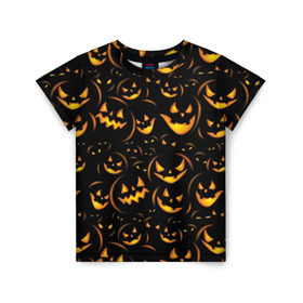 Детская футболка 3D с принтом Хэллоуин в Петрозаводске, 100% гипоаллергенный полиэфир | прямой крой, круглый вырез горловины, длина до линии бедер, чуть спущенное плечо, ткань немного тянется | Тематика изображения на принте: background | black | color | eyes | fangs | halloween | holiday | horror | orange | pumpkin | sinister | teeth | vegetable | yellow | глаза | желтый | зловещий | зубы | клыки | овощ | оранжевый | праздник | тыквы | ужас | фон | хэллоуин | цвет | черный