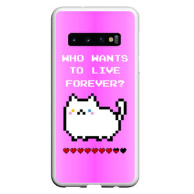 Чехол для Samsung Galaxy S10 с принтом Cat forever в Петрозаводске, Силикон | Область печати: задняя сторона чехла, без боковых панелей | 9 жизней | forever | pixel art | queen | wants to live | квин цитата | котенок | котик | котики | коты | кошка | кошки | пиксели | пиксель арт