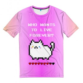 Мужская футболка 3D с принтом Cat forever в Петрозаводске, 100% полиэфир | прямой крой, круглый вырез горловины, длина до линии бедер | 9 жизней | forever | pixel art | queen | wants to live | квин цитата | котенок | котик | котики | коты | кошка | кошки | пиксели | пиксель арт