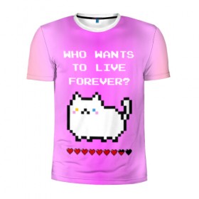 Мужская футболка 3D спортивная с принтом Cat forever в Петрозаводске, 100% полиэстер с улучшенными характеристиками | приталенный силуэт, круглая горловина, широкие плечи, сужается к линии бедра | 9 жизней | forever | pixel art | queen | wants to live | квин цитата | котенок | котик | котики | коты | кошка | кошки | пиксели | пиксель арт