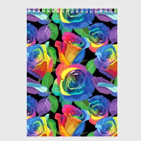 Скетчбук с принтом Разноцветные розы в Петрозаводске, 100% бумага
 | 48 листов, плотность листов — 100 г/м2, плотность картонной обложки — 250 г/м2. Листы скреплены сверху удобной пружинной спиралью | Тематика изображения на принте: background | black | blue | bud | color | exotic | flora | flowers | green | leaves | nature | pink | plant | purple | red | rose | yellow | бутон | желтый | зеленый | красный | лепесток | листья | природа | разноцветный | растение | роза | розо