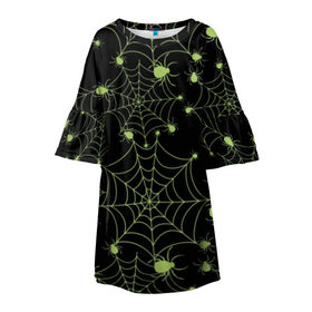 Детское платье 3D с принтом Зелёная паутина в Петрозаводске, 100% полиэстер | прямой силуэт, чуть расширенный к низу. Круглая горловина, на рукавах — воланы | background | black | cobweb | color | gothic | green | halloween | holiday | insect | pattern | spider | weave | web | готика | зеленый | насекомое | паук | паутина | плести | праздник | сеть | узор | фон | хэллоуин | цвет | черный