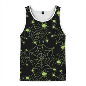 Мужская майка 3D с принтом Зелёная паутина в Петрозаводске, 100% полиэстер | круглая горловина, приталенный силуэт, длина до линии бедра. Пройма и горловина окантованы тонкой бейкой | Тематика изображения на принте: background | black | cobweb | color | gothic | green | halloween | holiday | insect | pattern | spider | weave | web | готика | зеленый | насекомое | паук | паутина | плести | праздник | сеть | узор | фон | хэллоуин | цвет | черный