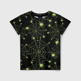 Детская футболка 3D с принтом Зелёная паутина в Петрозаводске, 100% гипоаллергенный полиэфир | прямой крой, круглый вырез горловины, длина до линии бедер, чуть спущенное плечо, ткань немного тянется | background | black | cobweb | color | gothic | green | halloween | holiday | insect | pattern | spider | weave | web | готика | зеленый | насекомое | паук | паутина | плести | праздник | сеть | узор | фон | хэллоуин | цвет | черный
