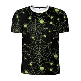Мужская футболка 3D спортивная с принтом Зелёная паутина в Петрозаводске, 100% полиэстер с улучшенными характеристиками | приталенный силуэт, круглая горловина, широкие плечи, сужается к линии бедра | Тематика изображения на принте: background | black | cobweb | color | gothic | green | halloween | holiday | insect | pattern | spider | weave | web | готика | зеленый | насекомое | паук | паутина | плести | праздник | сеть | узор | фон | хэллоуин | цвет | черный