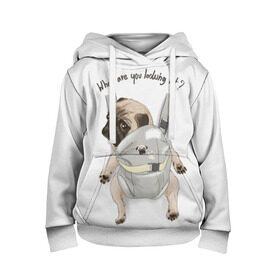 Детская толстовка 3D с принтом Мопс в рюкзаке в Петрозаводске, 100% полиэстер | двухслойный капюшон со шнурком для регулировки, мягкие манжеты на рукавах и по низу толстовки, спереди карман-кенгуру с мягким внутренним слоем | background | backpack | breed | brown | color | cute | dog | funny | gray | look | muzzle | paws | pug | puppy | slogan | small | trace | white | белый | взгляд | коричневый | лапы | маленький | милый | мопс | пес | порода | прикольный | рюкзак | 