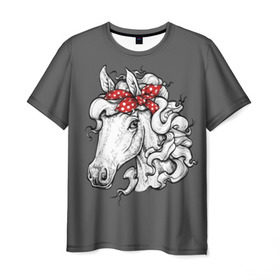 Мужская футболка 3D с принтом Белая лошадь в Петрозаводске, 100% полиэфир | прямой крой, круглый вырез горловины, длина до линии бедер | animal | background | bandana | black | color | cool | fauna | gray | head | headdre | hipster | horse | image | look | mane | red | white | world | бандана | белый | взгляд | голова | головной | грива | животное | животный | имидж | конь | красный | лоша