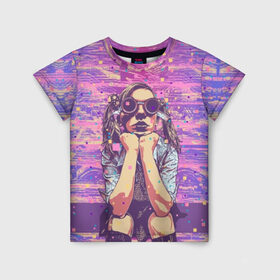 Детская футболка 3D с принтом Девушка в очках в Петрозаводске, 100% гипоаллергенный полиэфир | прямой крой, круглый вырез горловины, длина до линии бедер, чуть спущенное плечо, ткань немного тянется | background | blue | bright | color | colorful | cool | cyberpunk | girl | hairstyle | pink | purple | scho | skirt | student | девочка | девушка | киберпанк | круто | очки | прикольно | прическа | разноцветный | розовый | рубашка | син