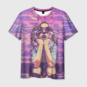 Мужская футболка 3D с принтом Девушка в очках в Петрозаводске, 100% полиэфир | прямой крой, круглый вырез горловины, длина до линии бедер | background | blue | bright | color | colorful | cool | cyberpunk | girl | hairstyle | pink | purple | scho | skirt | student | девочка | девушка | киберпанк | круто | очки | прикольно | прическа | разноцветный | розовый | рубашка | син
