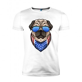 Мужская футболка премиум с принтом Крутой Мопс в Петрозаводске, 92% хлопок, 8% лайкра | приталенный силуэт, круглый вырез ворота, длина до линии бедра, короткий рукав | pug | америка | мопс | мопсы | собака | собаки | сша