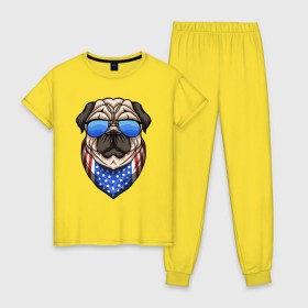 Женская пижама хлопок с принтом Крутой Мопс в Петрозаводске, 100% хлопок | брюки и футболка прямого кроя, без карманов, на брюках мягкая резинка на поясе и по низу штанин | pug | америка | мопс | мопсы | собака | собаки | сша