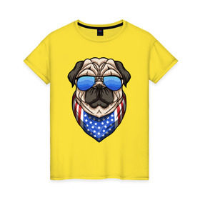 Женская футболка хлопок с принтом Крутой Мопс в Петрозаводске, 100% хлопок | прямой крой, круглый вырез горловины, длина до линии бедер, слегка спущенное плечо | pug | америка | мопс | мопсы | собака | собаки | сша
