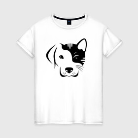Женская футболка хлопок с принтом Котопес в Петрозаводске, 100% хлопок | прямой крой, круглый вырез горловины, длина до линии бедер, слегка спущенное плечо | cat | dog | kitten | unity | единство | кот | котенок | кошка | пес | собака
