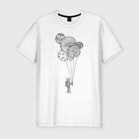 Мужская футболка премиум с принтом Космонавт в Петрозаводске, 92% хлопок, 8% лайкра | приталенный силуэт, круглый вырез ворота, длина до линии бедра, короткий рукав | абстракция | астронавт | в космосе | космонавт | космос | планета | планеты | шарики