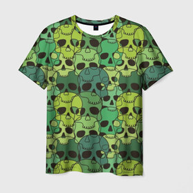 Мужская футболка 3D с принтом Зеленые черепа в Петрозаводске, 100% полиэфир | прямой крой, круглый вырез горловины, длина до линии бедер | anger | black | death | drawing | green | horror | illustration | lime | look | marsh | scary | skull | terrible | болотный | взгляд | зеленый | злость | иллюстрация | рисунок | салатовый | страшный | ужас | ужасный | черепа | черный