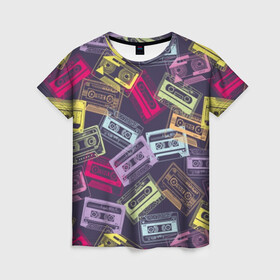 Женская футболка 3D с принтом Разноцветные кассеты в Петрозаводске, 100% полиэфир ( синтетическое хлопкоподобное полотно) | прямой крой, круглый вырез горловины, длина до линии бедер | audio | drawing | green | mauve | multicolored | music | purple | retro | turquoise | vintage | yellow | аудио | бирюза | винтаж | желтый | зеленый | кассета | лиловый | музыка | разноцветные | ретро | рисунок | фиолетовый