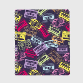 Тетрадь с принтом Разноцветные кассеты в Петрозаводске, 100% бумага | 48 листов, плотность листов — 60 г/м2, плотность картонной обложки — 250 г/м2. Листы скреплены сбоку удобной пружинной спиралью. Уголки страниц и обложки скругленные. Цвет линий — светло-серый
 | audio | drawing | green | mauve | multicolored | music | purple | retro | turquoise | vintage | yellow | аудио | бирюза | винтаж | желтый | зеленый | кассета | лиловый | музыка | разноцветные | ретро | рисунок | фиолетовый