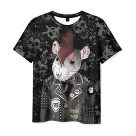 Мужская футболка 3D с принтом Крыса в косухе в Петрозаводске, 100% полиэфир | прямой крой, круглый вырез горловины, длина до линии бедер | anarchy | clothes | cool | earring | hairstyle | hamster | icon | jacket | mohawk | mouse | music | muzzle | piercing | punk | rat | riveting | rock | skull | spikes | анархия | значок | ирокез | к | клепки | круто | крыса | куртка | музыка | мышь