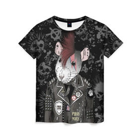 Женская футболка 3D с принтом Крыса в косухе в Петрозаводске, 100% полиэфир ( синтетическое хлопкоподобное полотно) | прямой крой, круглый вырез горловины, длина до линии бедер | anarchy | clothes | cool | earring | hairstyle | hamster | icon | jacket | mohawk | mouse | music | muzzle | piercing | punk | rat | riveting | rock | skull | spikes | анархия | значок | ирокез | к | клепки | круто | крыса | куртка | музыка | мышь