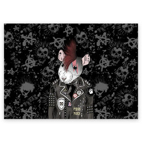 Поздравительная открытка с принтом Крыса в косухе в Петрозаводске, 100% бумага | плотность бумаги 280 г/м2, матовая, на обратной стороне линовка и место для марки
 | anarchy | clothes | cool | earring | hairstyle | hamster | icon | jacket | mohawk | mouse | music | muzzle | piercing | punk | rat | riveting | rock | skull | spikes | анархия | значок | ирокез | к | клепки | круто | крыса | куртка | музыка | мышь