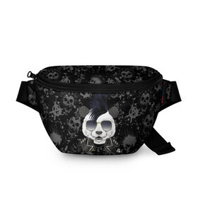 Поясная сумка 3D с принтом Панда в косухе в Петрозаводске, 100% полиэстер | плотная ткань, ремень с регулируемой длиной, внутри несколько карманов для мелочей, основное отделение и карман с обратной стороны сумки застегиваются на молнию | anarchy | bear | color | cool | icon | jacket | mohawk | music | panda | piercing | punk | purple | rock | skull | white | аксессуар | анархия | белый | значок | ирокез | круто | куртка | медведь | музыка | одежда | очки | панда | панк |